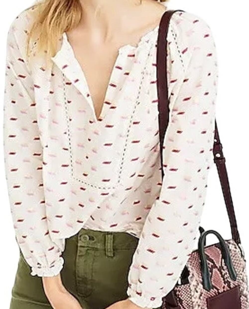 J.Crew Point Sur Metallic Popover Blouse Top V Neck Lace Trim Boho White Small